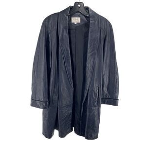 Romano Women’s Shawl Collar Open Front Leather Trench Coat Navy Blue Small